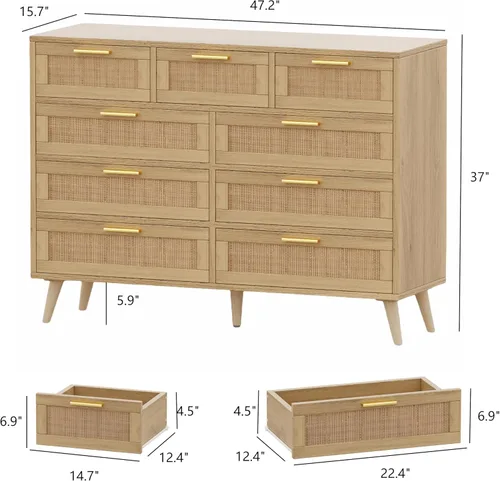 Vista 49 de Rovaurx Cómoda doble de 6 cajones para dormitorio, cómoda de ratán, cómoda de madera moderna con asas doradas, mesa auxiliar para armario, sala