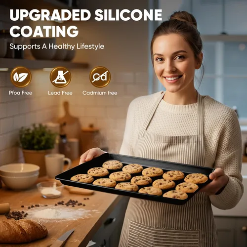 Vista 6 de Juego de 3 bandejas antiadherentes para hornear, resistentes para horno con patrón de textura de rayas, 0.024 in de grosor cuarto/mitad/gelatina