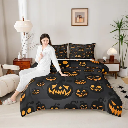 Vista 5 de Feelyou Juego de edredón de calabaza para todas las estaciones, decoración de Halloween, juego de ropa de cama con 1 funda de almohada, microfibra