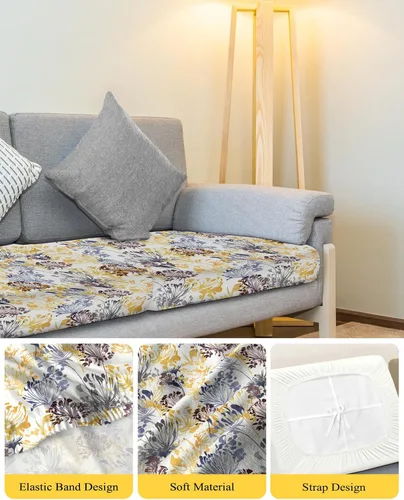 Vista 4 de Fundas de cojín elásticas para sofá con estampado de flores amarillas, azules y marrones, con parte inferior elástica, fundas protectoras lavables