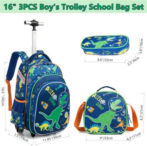 Vista 2 de Egchescebo Mochila con ruedas para niños, 3 unidades, con ruedas, carrito con ruedas, Azul-konglong, Mochilas de viaje