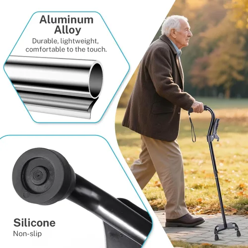 Vista 6 de Adjustable Walking Cane for Men & Women – 4-Pronged Base for Stability – Foldable Cane for Seniors with Foam Padded Offset Handle(Black)