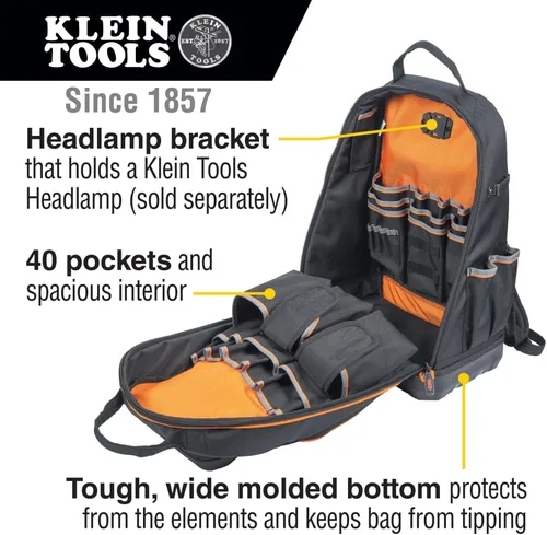 Vista 2 de Klein Tools 62800BP Mochila Bolsa de herramientas, Tradesman Pro Mochila extragrande de 40 bolsillos para electricista con parte inferior moldeada