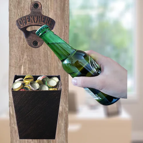 Vista 4 de Abridor de botellas de cerveza de hierro fundido de cobre antiguo montado en la pared de soda botella superior con tapa colector estrecho para mesa