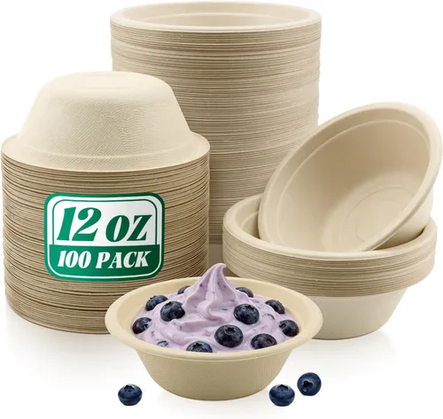 Vista 11 de Oomcu Paquete de 100 cuencos de sopa desechables pequeños de 8 onzas a granel, compostables y biodegradables, cuencos de papel reciclado resistentes