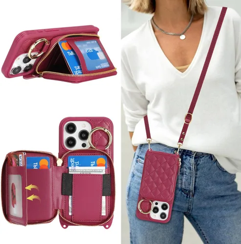 Vista 30 de Funda tipo cartera con bandolera para iPhone 15 Pro Max, funda de piel sintética con cierre de cremallera, funda tipo atril con ranuras para Oro Rosa