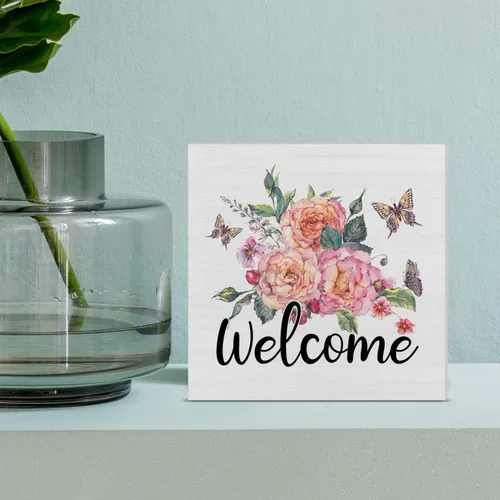 Vista 6 de Letrero de madera con texto en inglés "Welcome Butterflies", caja de madera de granja, bloques de arte de primavera, estante de escritorio, mesa