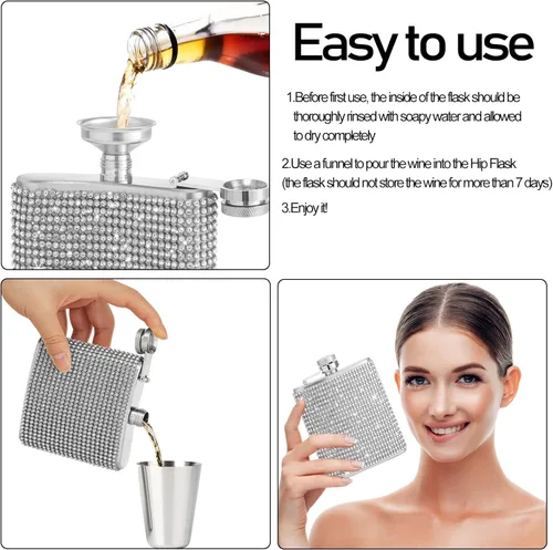 Vista 5 de Diamond - Frascos de cadera de acero inoxidable con purpurina a prueba de fugas con embudo, frasco de cadera con diamantes de imitación, lindo