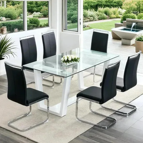 Vista 10 de Ebullient Mesa de comedor de cristal, mesa de comedor moderna, mesa de vidrio templado de 63 pulgadas con patas trapezoidales de MDF negras, mesa