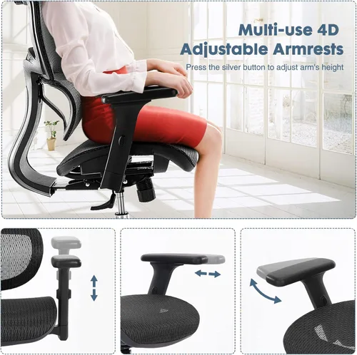 Vista 6 de Silla de oficina ergonómica, silla de escritorio con respaldo alto, silla giratoria de malla para computadora con soporte lumbar dinámico, función