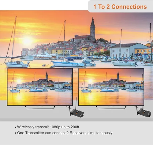 Vista 5 de J-tech Digital serie HDbitT de 1 x 2 inalámbrico HDMI se Extiende a 660 pies Antena doble admite full HD 1080P con transmisión de señal IR