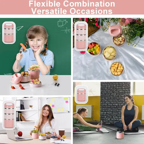 Vista 6 de Lille Home Lonchera de acero inoxidable de 3 capas de 1.43 litros - a prueba de fugas, sin BPA, caja Bento aislada para preparación de comidas sobre