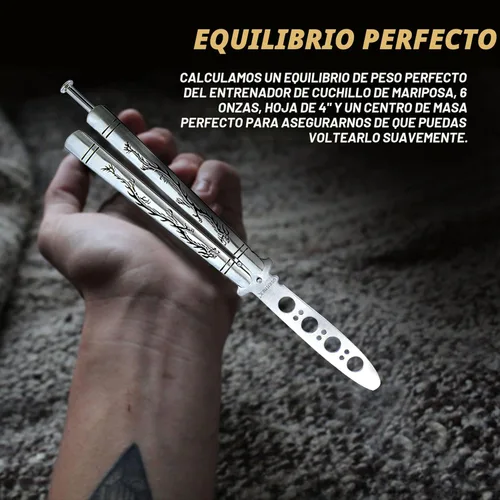 Vista 5 de Vornnex, cuchillo mariposa de práctica, hoja desafilada de acero inoxidable para entrenamiento, dragón negro (plateado)