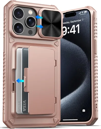 Vista 49 de ATATOO Funda para iPhone 16, tarjetero integrado (almacena 3-5 tarjetas) y protector de cámara deslizante, protección de grado militar, bonita funda