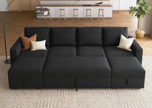 HONBAY Sofá cama modular seccional, sofá modular de terciopelo con cama extraíble, sofá modular en forma de U con otomana de almacenamiento para