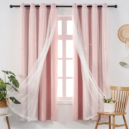 Vista 9 de Lindas cortinas opacas para dormitorio de niñas, diseño estético negro con doble capa con superposición transparente, 45 pulgadas de largo, 2