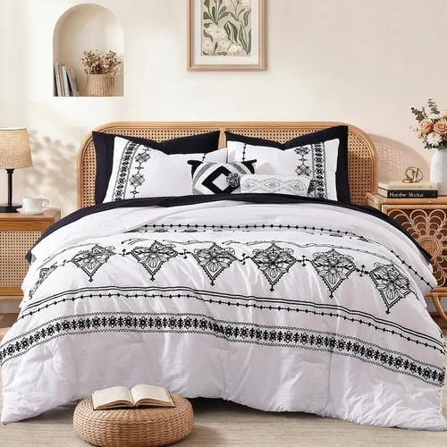 Vista 16 de MaiRêve - Juego de edredón de tamaño completo con bordado, juego de ropa de cama estilo granja occidental boho de 7 piezas, juego de edredón