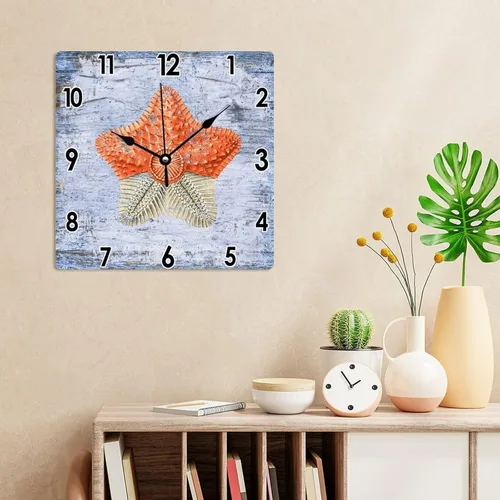 Vista 4 de Reloj rústico de 10 x 10 pulgadas para pared, mar, costero, océano, con estrellas de mar, reloj de PVC para pared, vintage, azul, grano de madera