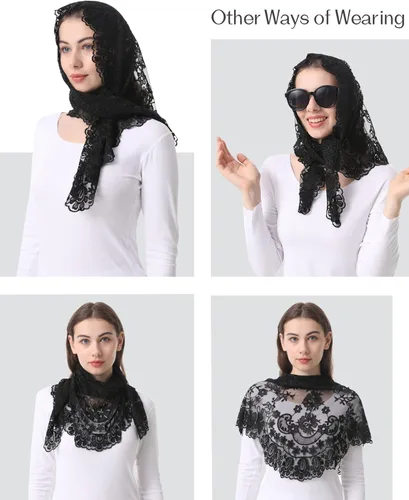 Vista 5 de Bozidol Velo de mantilla triangular para mujer estilo español bordado de camelia bufanda de encaje con flecos para misa latina