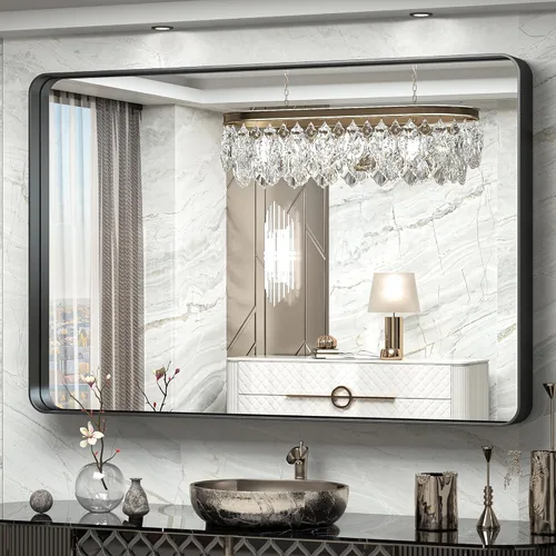 Vista 114 de TokeShimi Espejo de pared de baño de níquel cepillado de 20 x 30 pulgadas, marco de metal, esquina redonda, rectangular, para decoración del hogar