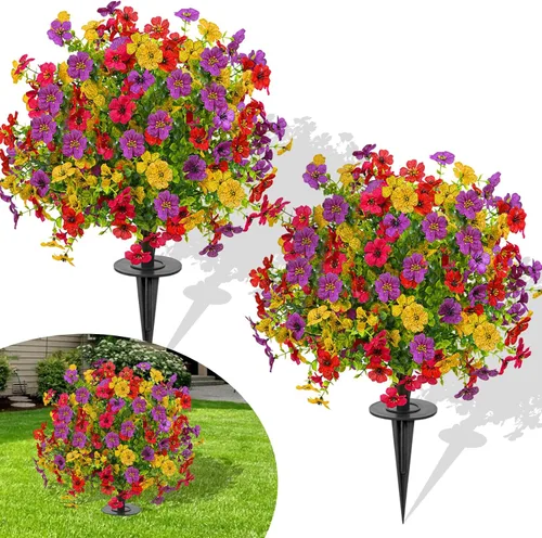 [Usado] FAJUNZH Juego de 2 bolas topiarias de boj artificial de 23" con flores violetas con picos, arbustos de vegetación artificial resistentes a