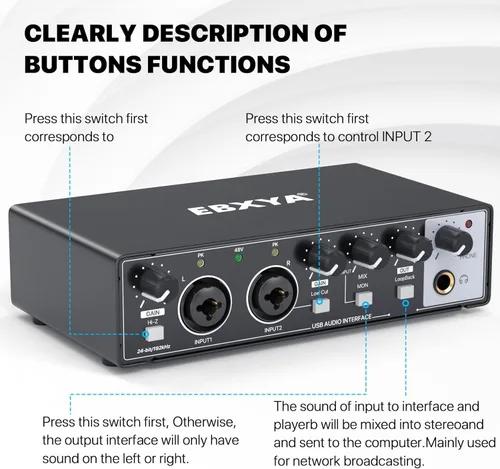 Vista 4 de EBXYA Interfaz de audio 2x2 para grabación de música, interfaz USB Plug and Play de 24 bits/192 kHz para PC y Mac, estudio, guitarra, podcast