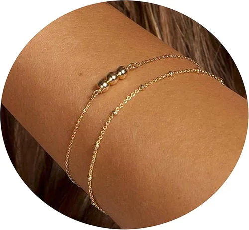 Pencros Pulsera de oro en capas de oro de 14 quilates, delicada cadena ovalada de perlas para mujeres y niñas