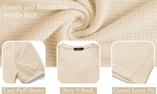 Vista 5 de MEROKEETY - Blusa de manga corta con cuello en V y encaje de verano para mujer