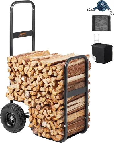 VEVOR Carrito de leña, capacidad de 250 libras, carretilla de acero resistente negro con ruedas de PU y cubierta impermeable, almacenamiento y