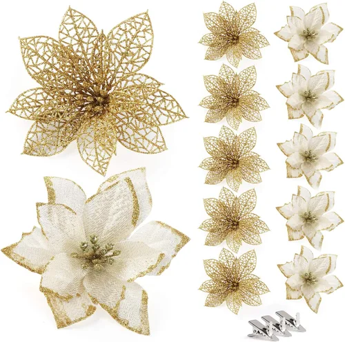 ilauke 24 flores de Pascua artificiales doradas, flores de Navidad artificiales con purpurina de 6 pulgadas con 30 clips, para decoración de árbol