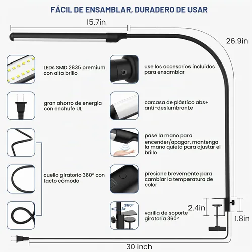 Vista 5 de MYPLUS Lámpara LED de escritorio con abrazadera, control de onda manual, 5 colores y 10 niveles regulables, lámpara LED con clip, luces de mesa