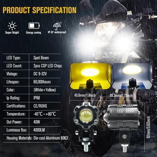 Vista 7 de Luces de conducción de motocicleta DC9-32V proyector súper brillante luces deportivas impermeables para coches, ATV, bicicleta, Yamaha, UTV, camión