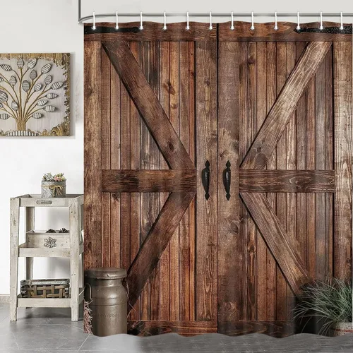 Vista 32 de Cortina de ducha de puerta de granero rústica de tamaño pequeño para baño, juegos de cortinas de decoración de baño de tablones de madera retro
