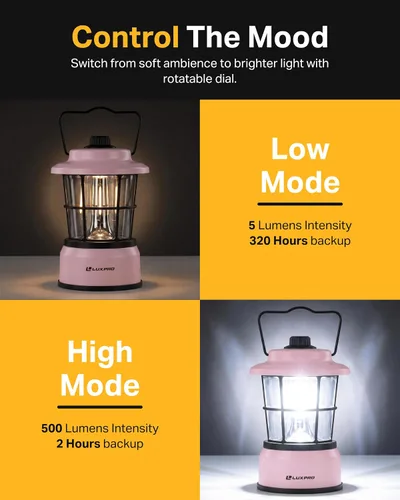 Vista 3 de LUXPRO LP1536 Linterna retro recargable de 500 lúmenes de doble potencia LED linterna de campamento (rosa, 1 paquete, recargable)