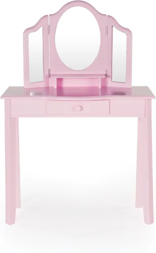 Guidecraft Juego de tocador y taburete rosa para niños de 3 a 8 años, mesa de maquillaje con espejos y silla para niñas, juego de escritorio de