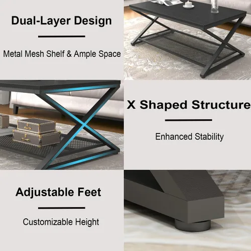 Vista 6 de LVB Mesa de café negra, mesas centrales de 2 niveles de metal y madera con estante de almacenamiento, mesa de té moderna rectangular para el cóctel