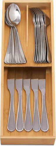 Vista 4 de guiogc Organizador de cajones de cubiertos de bambú, bandeja de cubiertos de cocina, soporte para utensilios para cucharas, tenedores, cuchillos