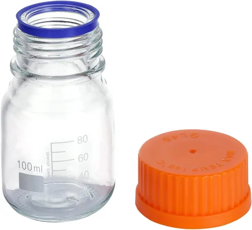 Vista 5 de Moonetto 20 botellas de vidrio redondas de almacenamiento de medios de laboratorio graduado de 3.4 fl oz con tapa naranja de polipropileno GL45