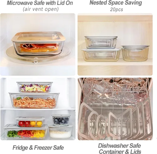 Vista 4 de Recipientes de vidrio para alimentos con tapa de vidrio, recipientes de almacenamiento de alimentos aptos para microondas, paquete grande de 4