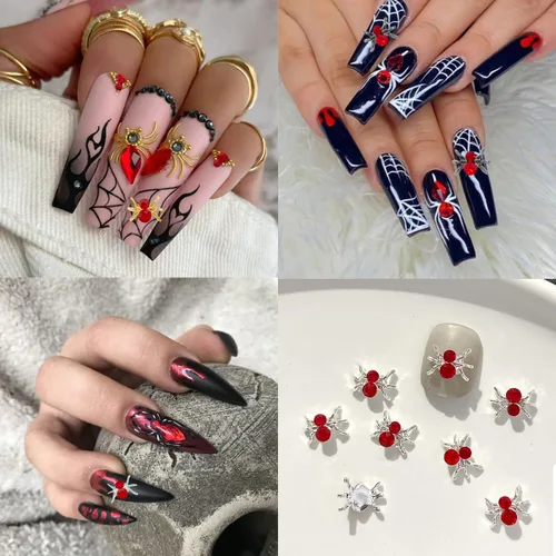 Vista 7 de 36 dijes de uñas de araña de Halloween, oro plateado, rojo, negro, aleación de diamantes de imitación de cristal