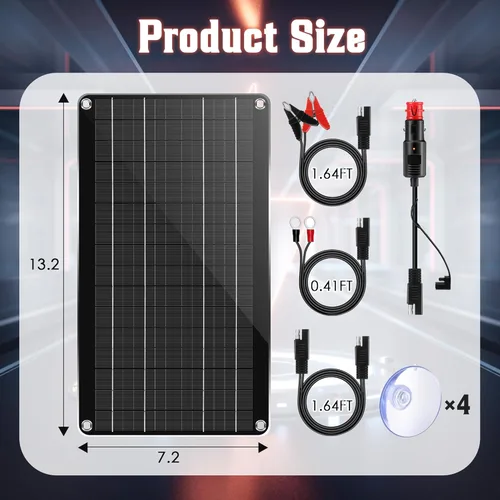 Vista 2 de Saillong Cargador Mantenedor de Batería Solar para Automóvil de 10W 12V, Panel Solar Impermeable, Cargador Solar Portátil de Goteo con Enchufe
