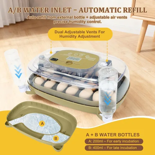 Vista 5 de Incubadora de 24 huevos para incubar con girador automático, control inteligente de temperatura y humedad, visualización 360°, ovoscopio, recarga