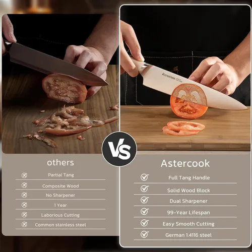 Vista 2 de Astercook Juego de cuchillos de cocina con bloque y afilador Premium de espiga completa 17 piezas, cuchillos de acero inoxidable alemán aptos