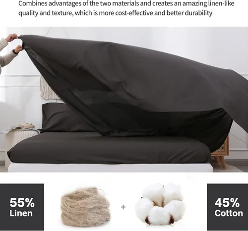 Vista 3 de BISELINA Sábana de Lino Francés Sábana Plana Solamente 55% Lino Europeo 45% Algodón Estilo Básico Color Sólido Suave Transpirable Estilo Granja Gris