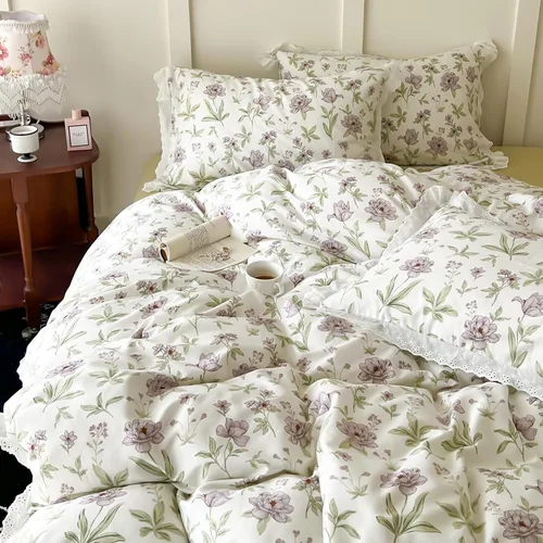 Vista 7 de VM VOUGEMARKET Juego de Funda de Consolador Romántica con Volantes Twin Estilo Princesa para Niñas Juego de Ropa de Cama de Flores Moradas