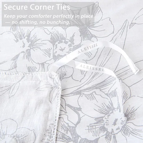 Vista 5 de Juegos de Fundas de Edredón Florales de Algodón 100% Natural de 2 Piezas - Funda de Edredón Blanco Grisáceo con Patrón de Flores y Ramas Lujosas