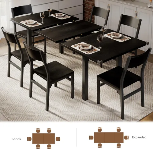 Vista 24 de iPormis Juego de mesa de comedor de 7 piezas con 6 sillas, mesa de cocina extensible de 63 pulgadas y sillas para 4-6, mesa de comedor con marco