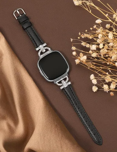 Vista 2 de Minyee Correas de cuero compatibles con Fitbit Versa 4Versa 3Sense 2Sense Band para mujer, correa de cuero delgada elegante con diamantes