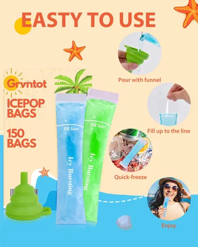 Vista 4 de 150 bolsas desechables para moldes de paletas de hielo (8 x 2 pulgadas) para aperitivos de frutas naturales, jugos y batidos, moldes de paletas