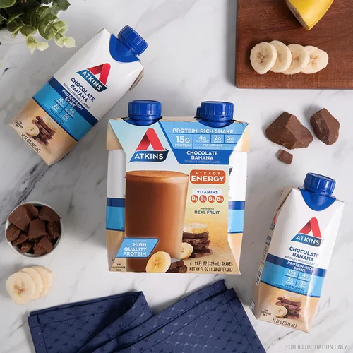 Vista 4 de Atkins Batido de proteína de plátano y chocolate, 0.55 onzas de proteína, bajo índice glucémico, 0.18 onzas de carbohidratos netos, 0.07 oz